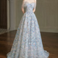 Glam Strapless Blue Prom Dress Sequins Appliques A-Line Evening Dress C8821