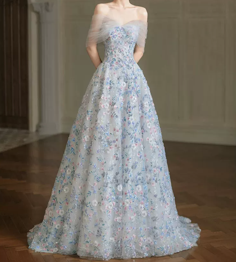 Glam Strapless Blue Prom Dress Sequins Appliques A-Line Evening Dress C8821