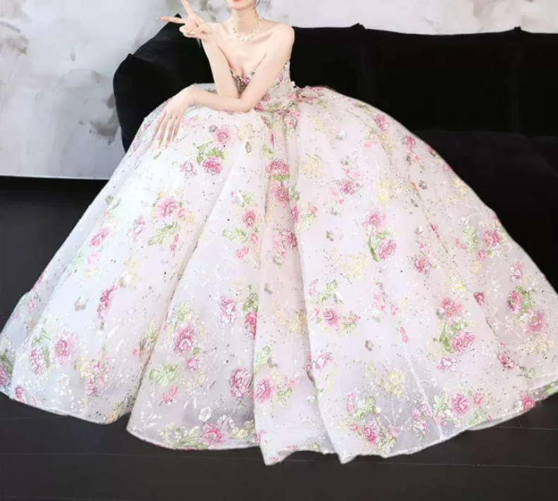 Playful Strapless Pink Prom Dress Sequins Appliques A-Line Evening Dress C8822