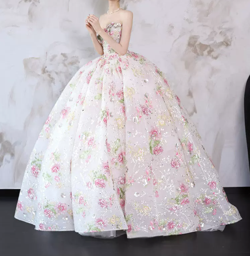 Playful Strapless Pink Prom Dress Sequins Appliques A-Line Evening Dress C8822