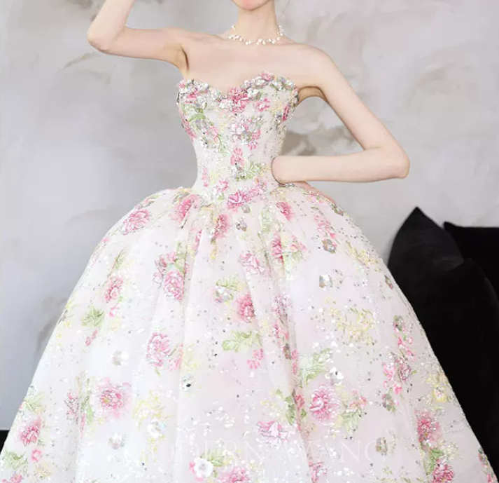 Playful Strapless Pink Prom Dress Sequins Appliques A-Line Evening Dress C8822