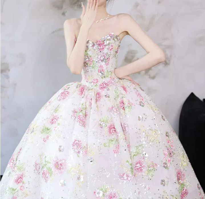 Playful Strapless Pink Prom Dress Sequins Appliques A-Line Evening Dress C8822