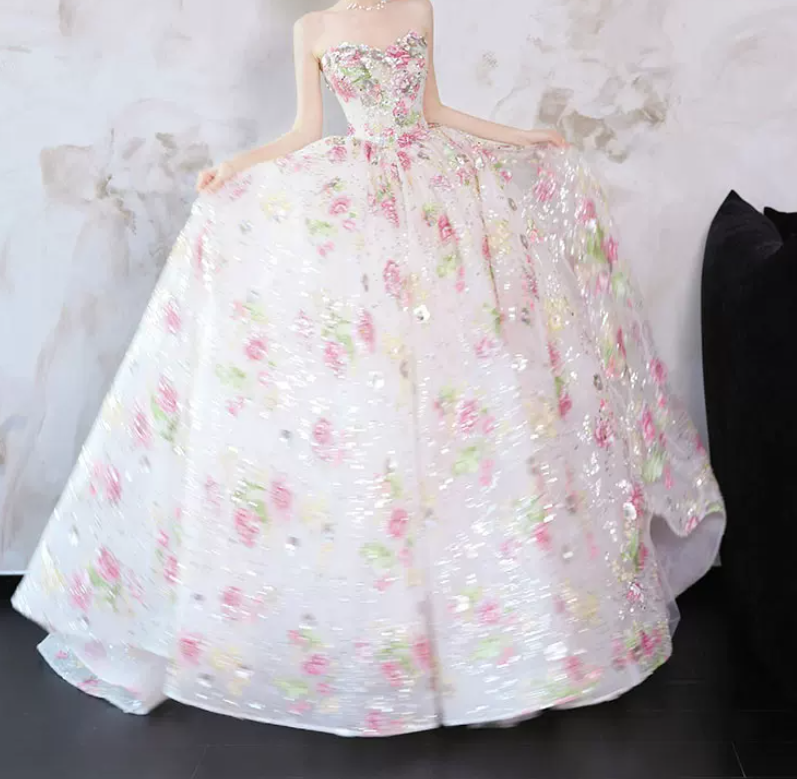 Playful Strapless Pink Prom Dress Sequins Appliques A-Line Evening Dress C8822