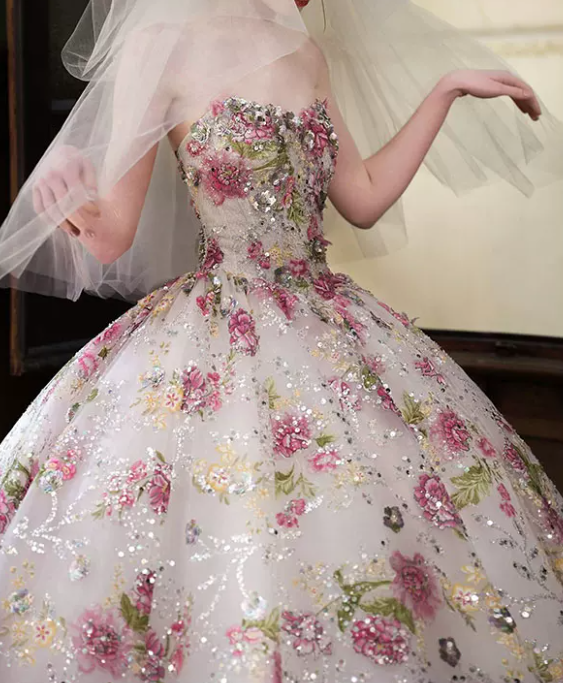 Playful Strapless Pink Prom Dress Sequins Appliques A-Line Evening Dress C8822