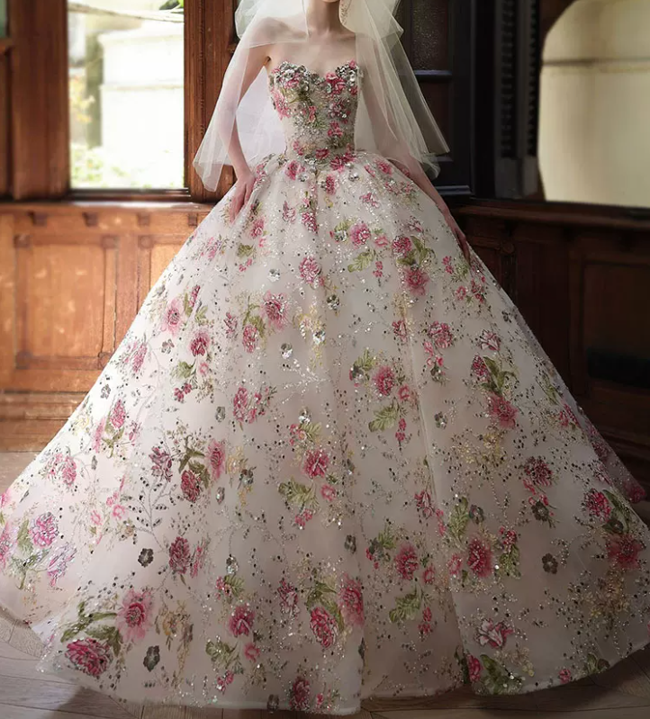 Playful Strapless Pink Prom Dress Sequins Appliques A-Line Evening Dress C8822