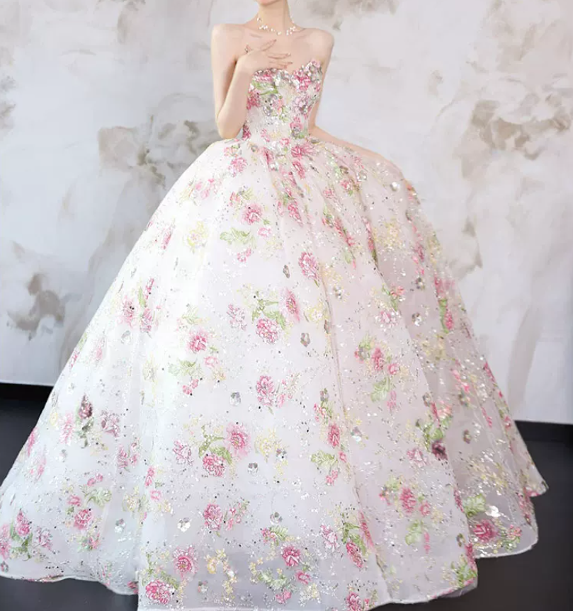 Playful Strapless Pink Prom Dress Sequins Appliques A-Line Evening Dress C8822