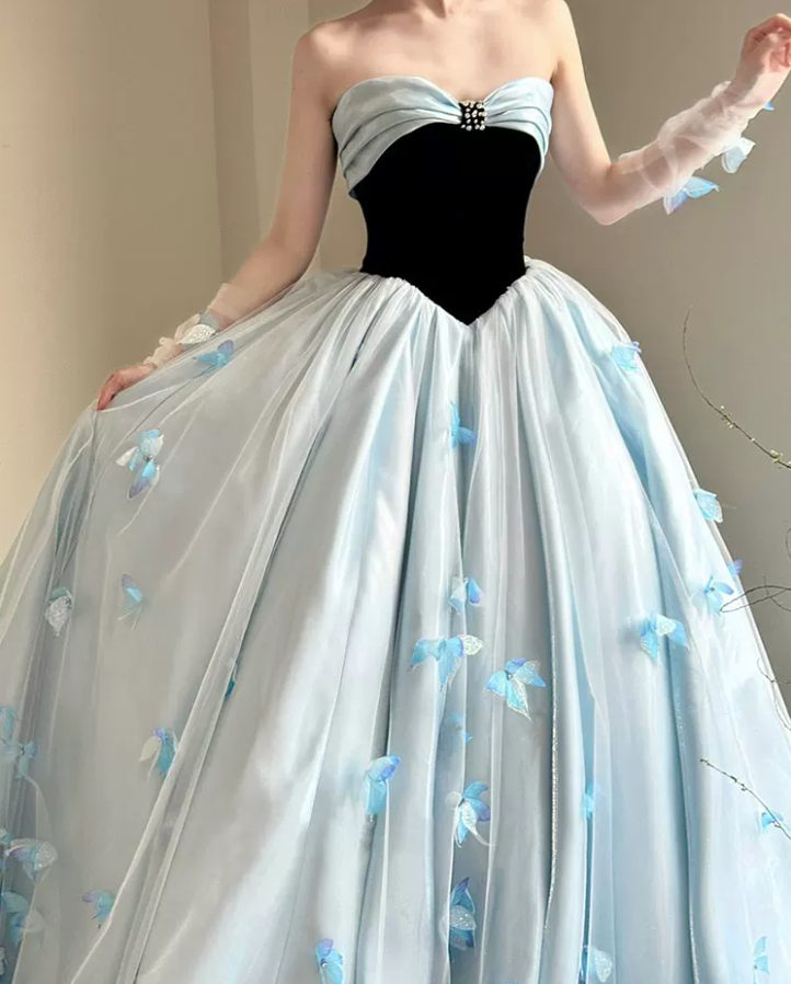 Trendy Strapless Blue Prom Dress Appliques A-Line Evening Dress C8823