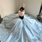 Trendy Strapless Blue Prom Dress Appliques A-Line Evening Dress C8823