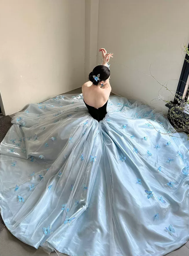 Trendy Strapless Blue Prom Dress Appliques A-Line Evening Dress C8823