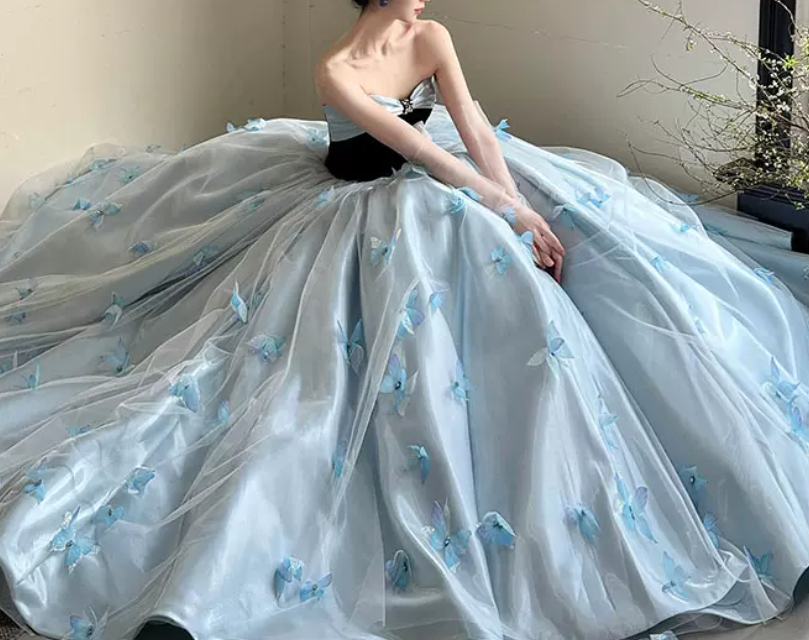 Trendy Strapless Blue Prom Dress Appliques A-Line Evening Dress C8823