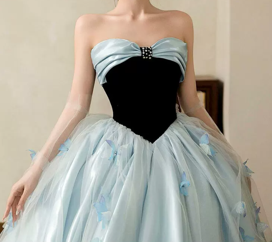 Trendy Strapless Blue Prom Dress Appliques A-Line Evening Dress C8823