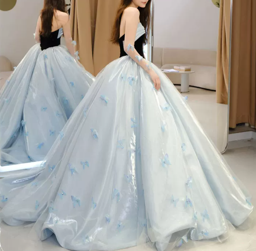 Trendy Strapless Blue Prom Dress Appliques A-Line Evening Dress C8823