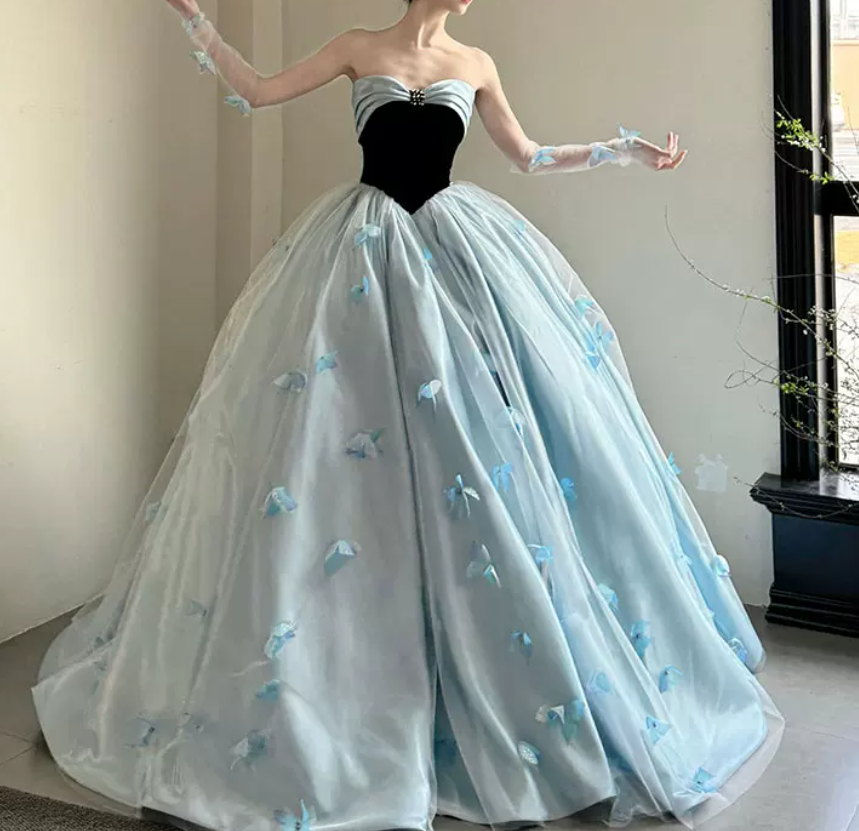 Trendy Strapless Blue Prom Dress Appliques A-Line Evening Dress C8823