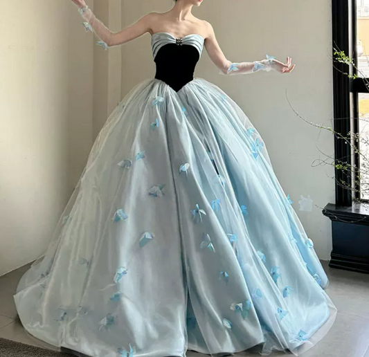 Trendy Strapless Blue Prom Dress Appliques A-Line Evening Dress C8823