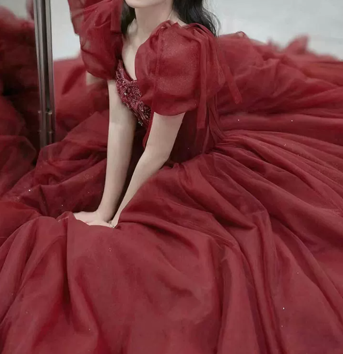 Romantic Short Sleeve Red Prom Dress Beaded A-Line Evening Dress C8824