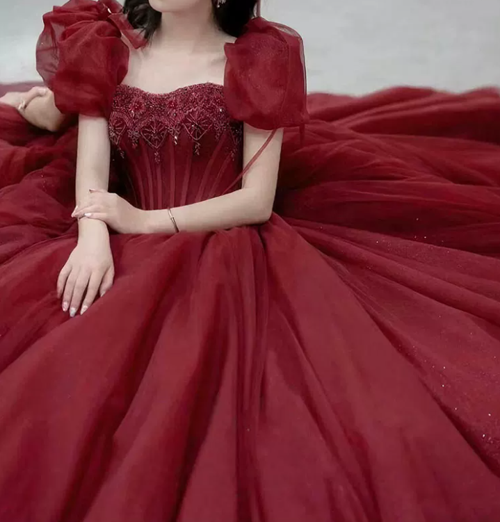 Romantic Short Sleeve Red Prom Dress Beaded A-Line Evening Dress C8824