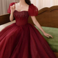 Romantic Short Sleeve Red Prom Dress Beaded A-Line Evening Dress C8824
