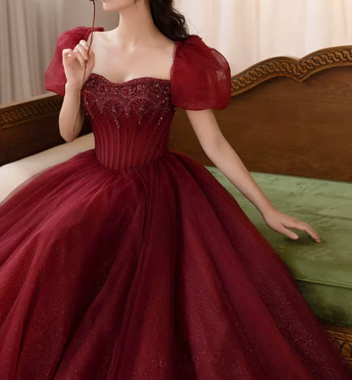 Romantic Short Sleeve Red Prom Dress Beaded A-Line Evening Dress C8824