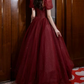 Romantic Short Sleeve Red Prom Dress Beaded A-Line Evening Dress C8824