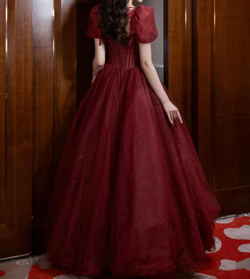 Romantic Short Sleeve Red Prom Dress Beaded A-Line Evening Dress C8824