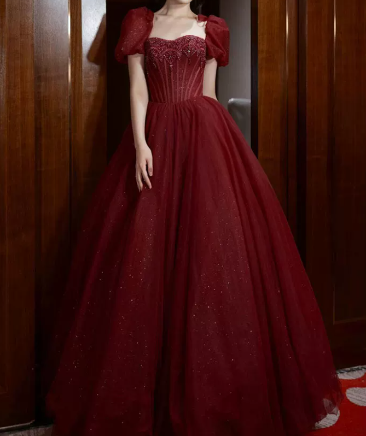 Romantic Short Sleeve Red Prom Dress Beaded A-Line Evening Dress C8824