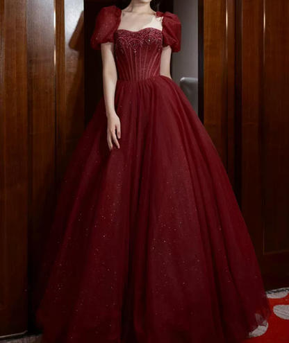 Romantic Short Sleeve Red Prom Dress Beaded A-Line Evening Dress C8824