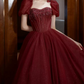 Romantic Short Sleeve Red Prom Dress Beaded A-Line Evening Dress C8824