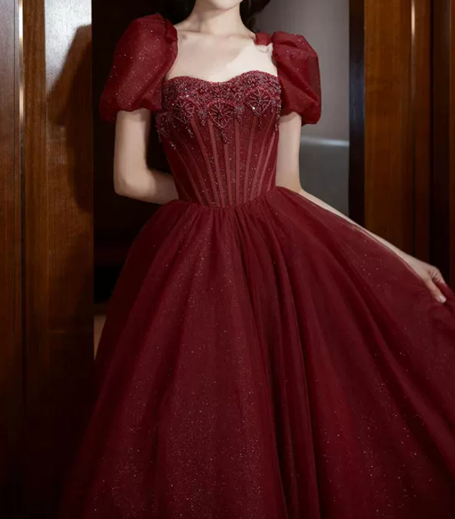Romantic Short Sleeve Red Prom Dress Beaded A-Line Evening Dress C8824