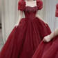 Romantic Short Sleeve Red Prom Dress Beaded A-Line Evening Dress C8824