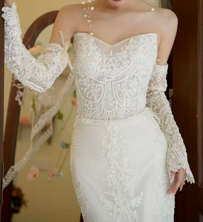 Exquisite Strapless Sequins Wedding Dresses Lace Mermaid Bridal Dress C8825