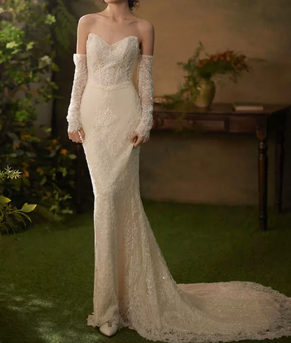 Exquisite Strapless Sequins Wedding Dresses Lace Mermaid Bridal Dress C8825