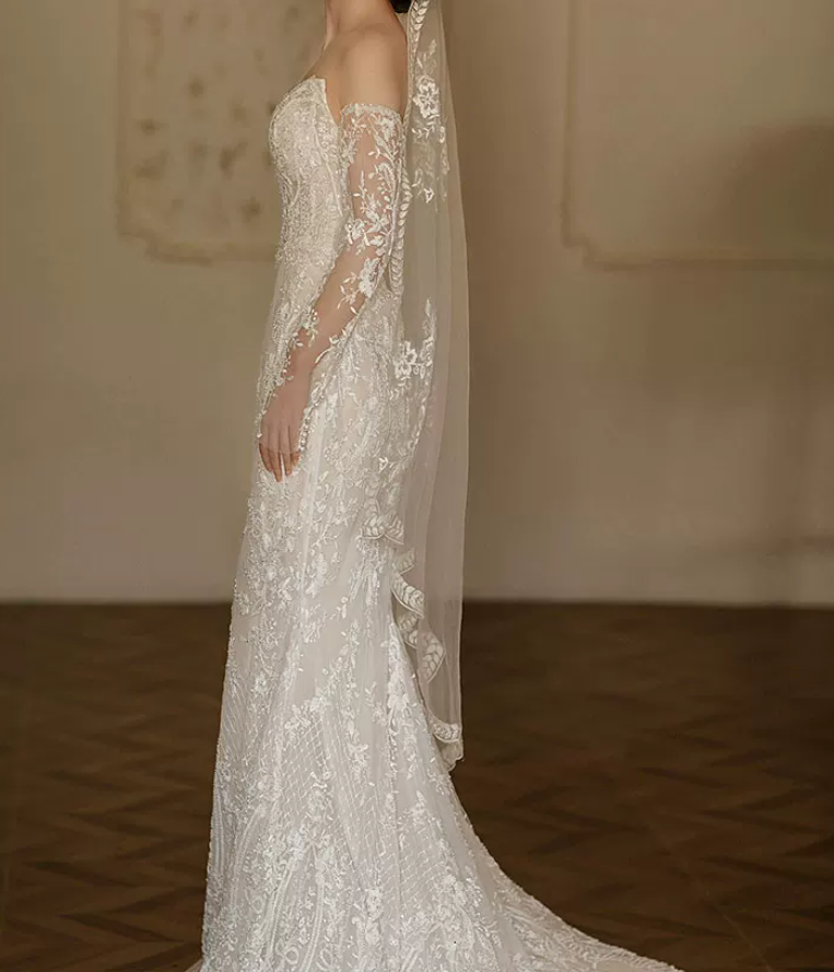 Exquisite Strapless Sequins Wedding Dresses Lace Mermaid Bridal Dress C8825