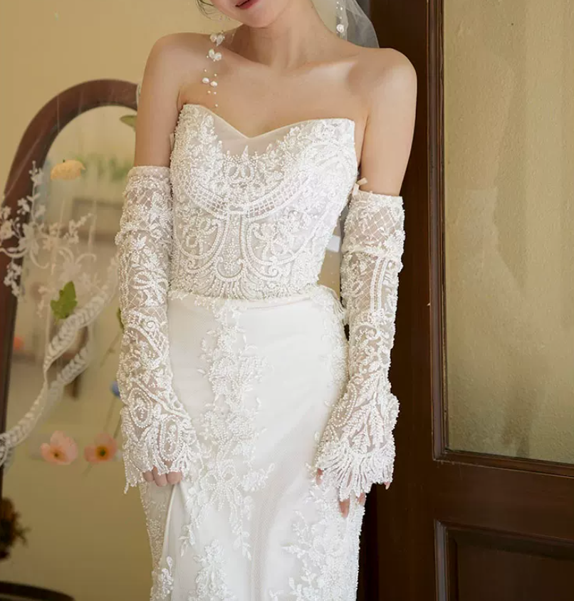Exquisite Strapless Sequins Wedding Dresses Lace Mermaid Bridal Dress C8825