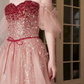 Elegant Short Sleeve Pink Prom Dress Sequins Tulle A-Line Evening Dress C8828