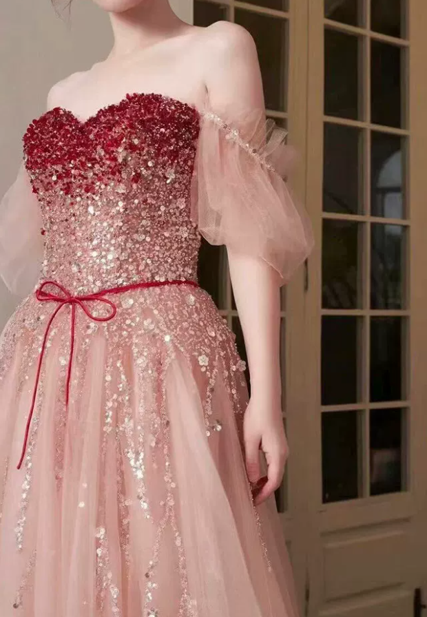 Elegant Short Sleeve Pink Prom Dress Sequins Tulle A-Line Evening Dress C8828