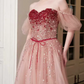 Elegant Short Sleeve Pink Prom Dress Sequins Tulle A-Line Evening Dress C8828