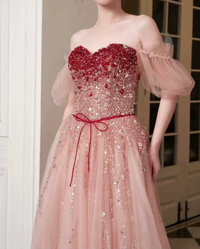 Elegant Short Sleeve Pink Prom Dress Sequins Tulle A-Line Evening Dress C8828