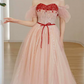 Elegant Short Sleeve Pink Prom Dress Sequins Tulle A-Line Evening Dress C8828