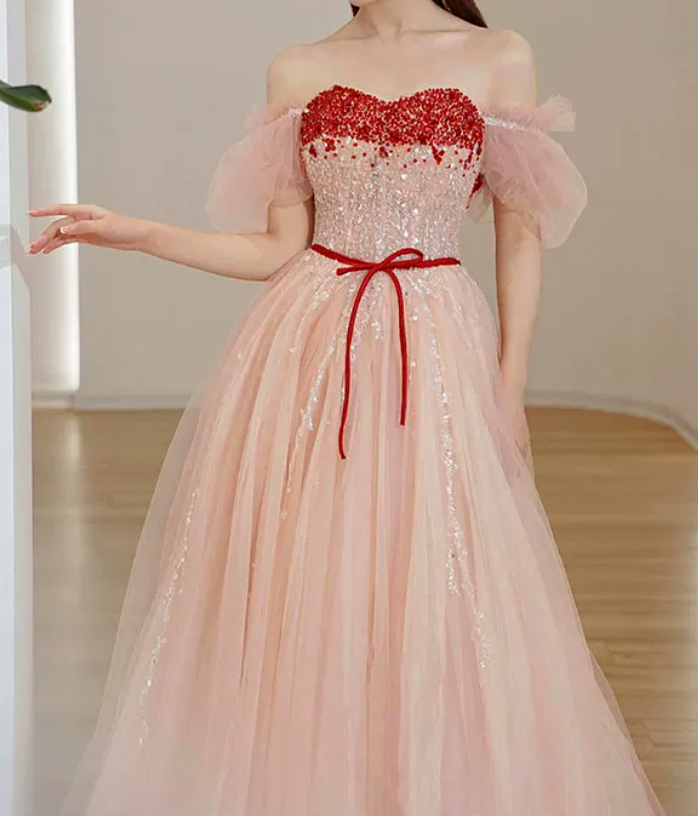 Elegant Short Sleeve Pink Prom Dress Sequins Tulle A-Line Evening Dress C8828