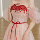Elegant Short Sleeve Pink Prom Dress Sequins Tulle A-Line Evening Dress C8828