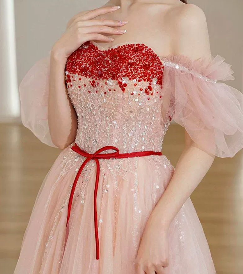 Elegant Short Sleeve Pink Prom Dress Sequins Tulle A-Line Evening Dress C8828