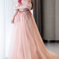 Elegant Short Sleeve Pink Prom Dress Sequins Tulle A-Line Evening Dress C8828
