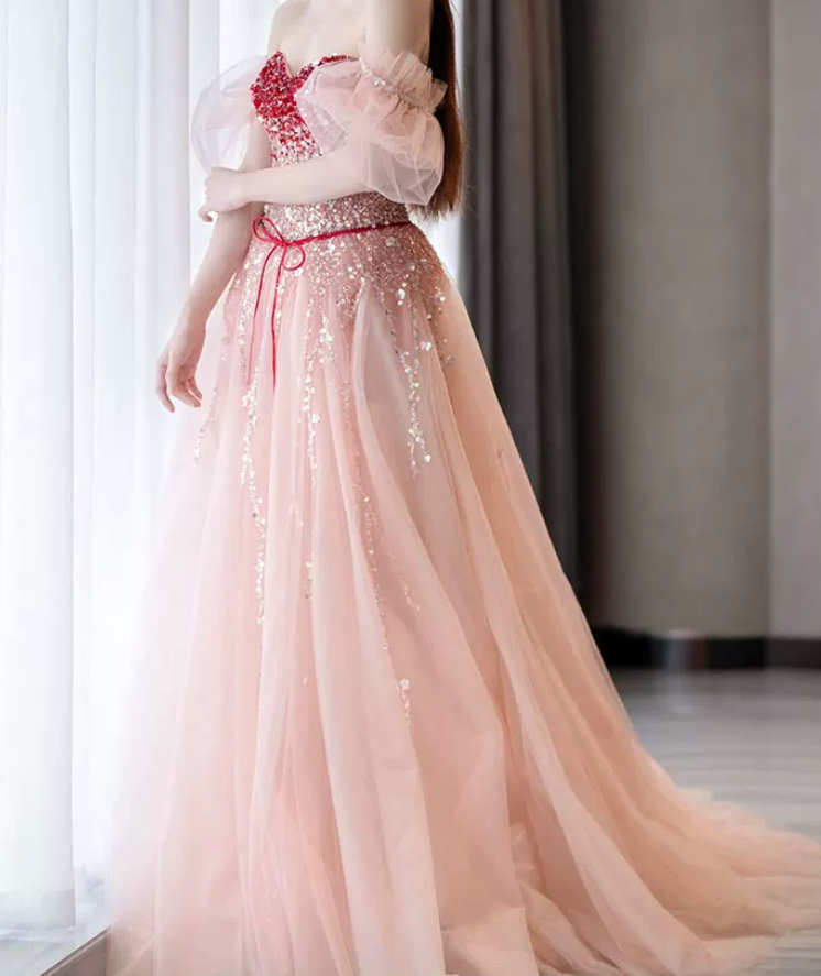 Elegant Short Sleeve Pink Prom Dress Sequins Tulle A-Line Evening Dress C8828