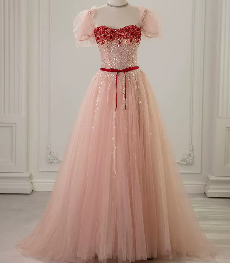 Elegant Short Sleeve Pink Prom Dress Sequins Tulle A-Line Evening Dress C8828