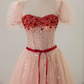 Elegant Short Sleeve Pink Prom Dress Sequins Tulle A-Line Evening Dress C8828