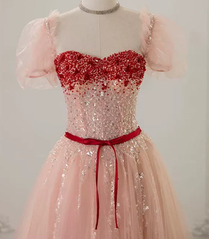 Elegant Short Sleeve Pink Prom Dress Sequins Tulle A-Line Evening Dress C8828