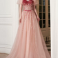 Elegant Short Sleeve Pink Prom Dress Sequins Tulle A-Line Evening Dress C8828
