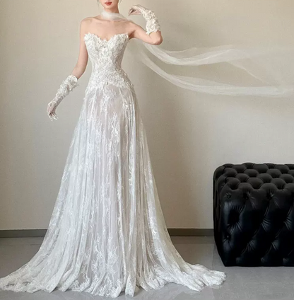 Ornate Strapless White Wedding Dresses With Scarf Lace A-Line Bridal Dress C8830