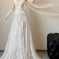 Ornate Strapless White Wedding Dresses With Scarf Lace A-Line Bridal Dress C8830