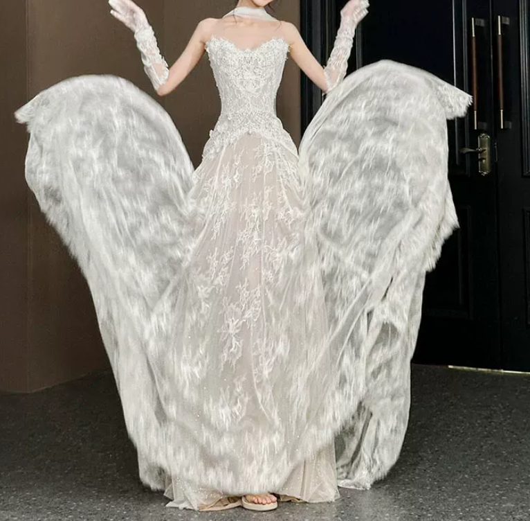 Ornate Strapless White Wedding Dresses With Scarf Lace A-Line Bridal Dress C8830